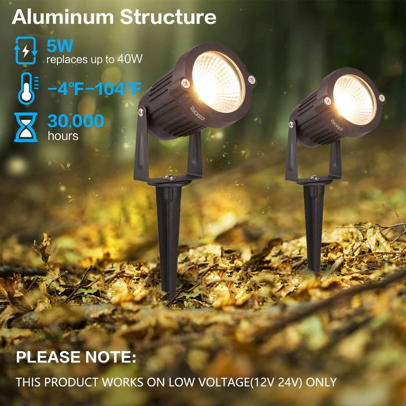ZUCKEO Low Voltage Landscape Lights LED Landscape Lighting, 5W 12V Garden Pathway Lights Waterproof Warm White Walls Trees Flags Outdoor Landscape Spotlights with Stakes (8 Pack) - Image 4